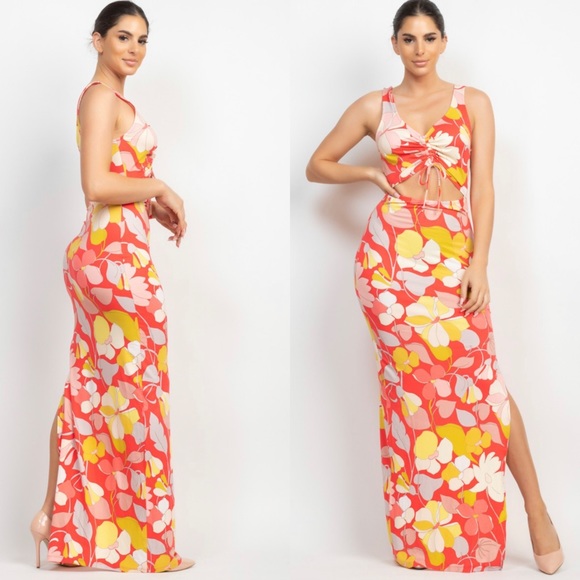 🆕Coral tropical floral print cut out maxi dress - Picture 1 of 9